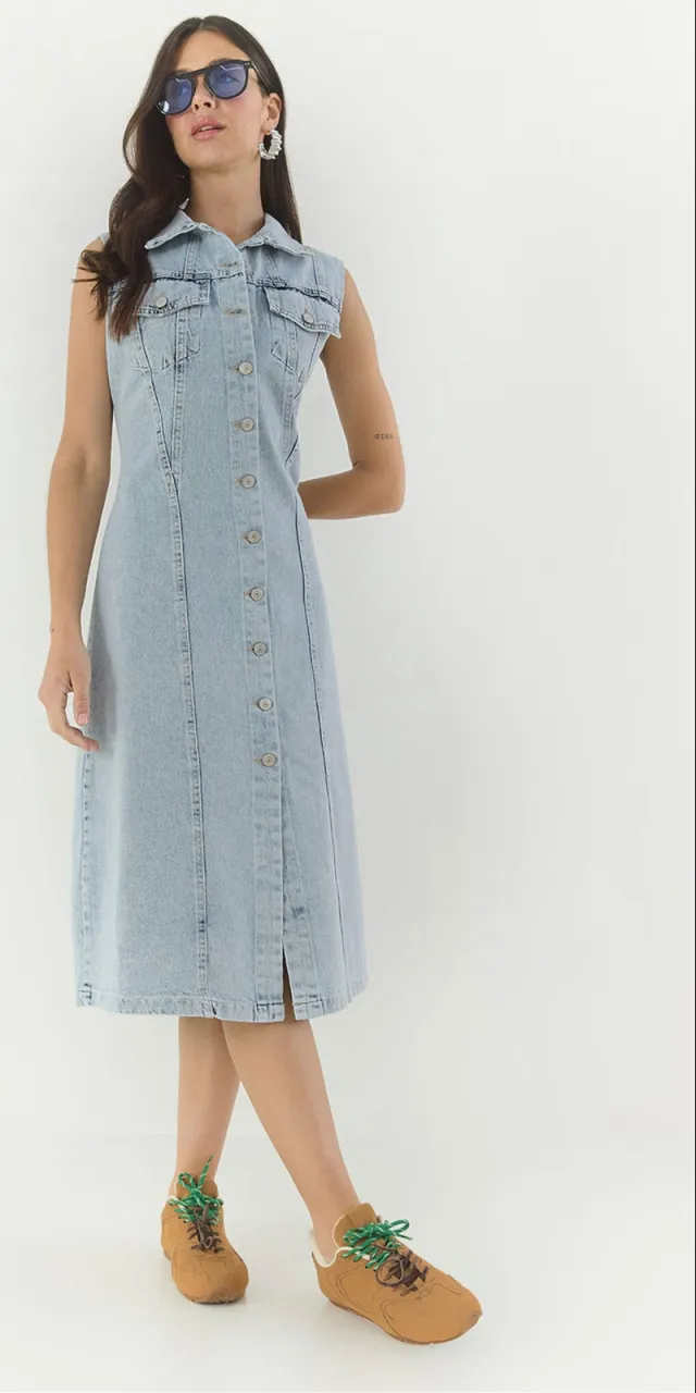 Bianco Lucci Aangemeten Denim Midi-jurk met Knopsluiting Lichtblauw