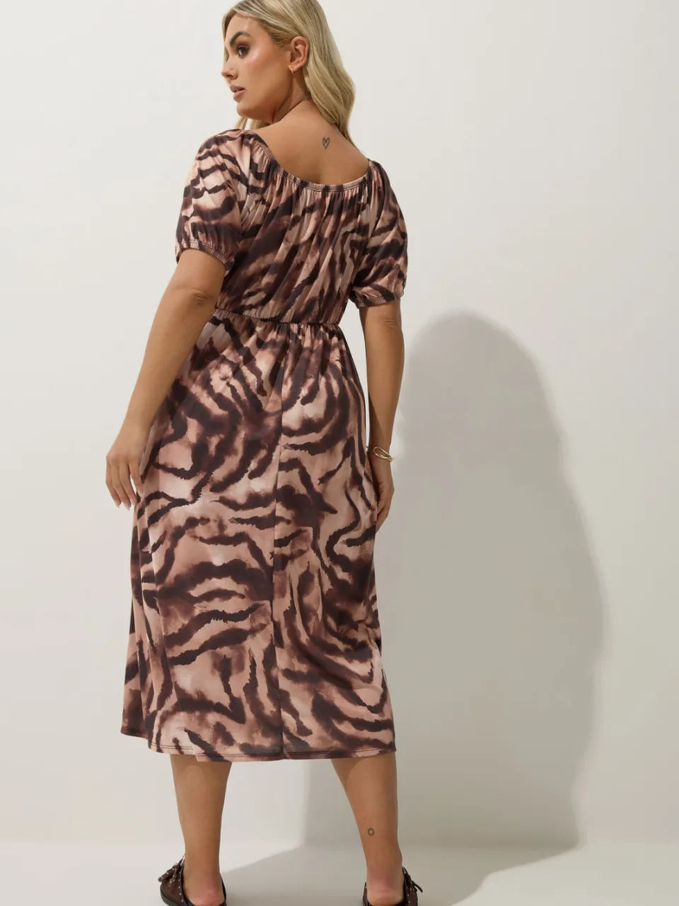 Limited Collection Midi Jurk Met Zebraprint En Pofmouwen In Bruin-56, foto 4