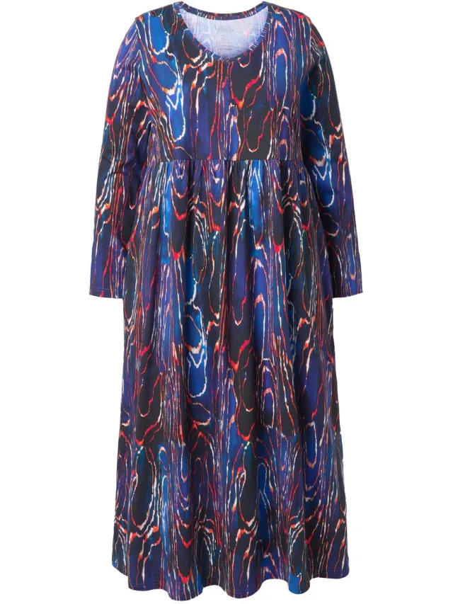 Ulla Popken Dames - Maxi-jurk slangenmotief A-lijn V-hals lange mouw - Koningsblauw - Maat 46+