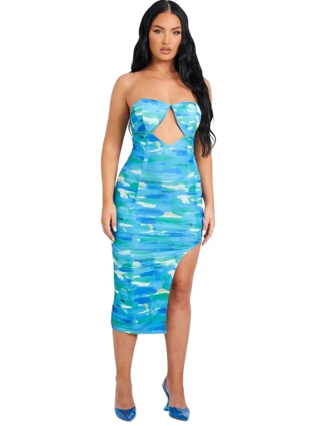 Missyempire Missy Empire Midi-jurk voor dames met mesh-inzetstukken aan de zijkant en een getailleerde pasvorm (Blauw)