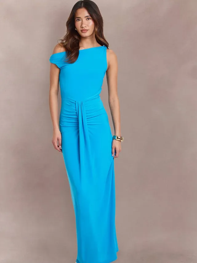 boohoo Dames Dubbele Laag Asymmetrische Hals Slinky Draperie Voorkant Maxi Jurk Aqua