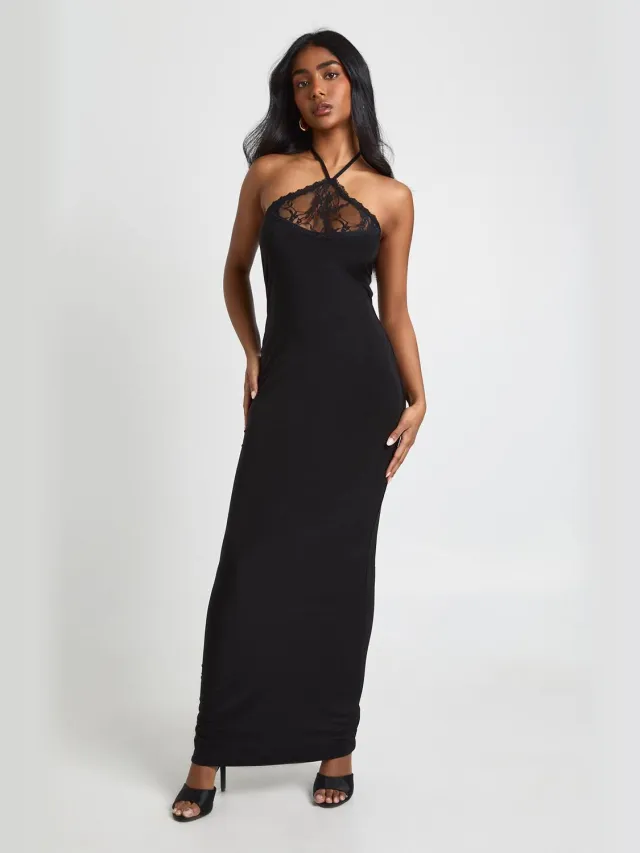 boohoo Dames Slinky Maxi Jurk Met Kanten Halterneck Detail Zwart