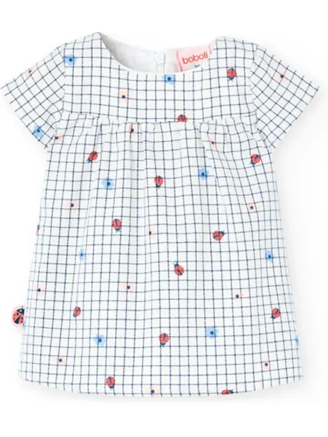 boboli Poplin Check Korte Mouw Jurk Wit 6 Months Meisje Ladybug Flower Print