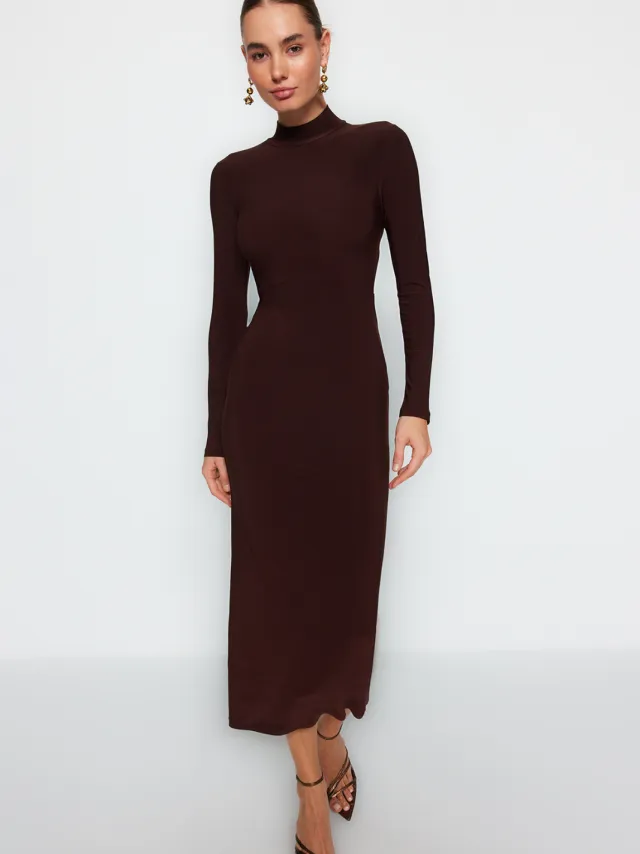 Trendyol TRENDYOLMİLLA Dames Bruin Effen Maxi Lang Avond / Dagelijks Bodycon Jurken
