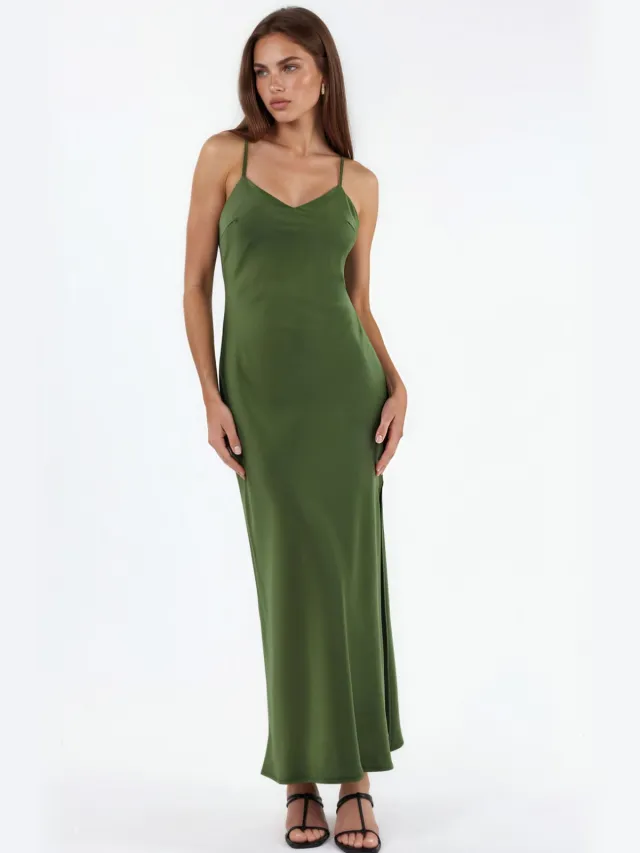 Hiccup Satin Midi-jurk Kaki