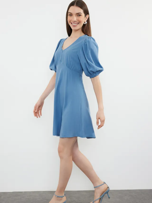 Trendyol TRENDYOLMİLLA Dames Donkerblauw Effen Kort / Mini Kort Casual A-lijn Jurken Indigoblauw