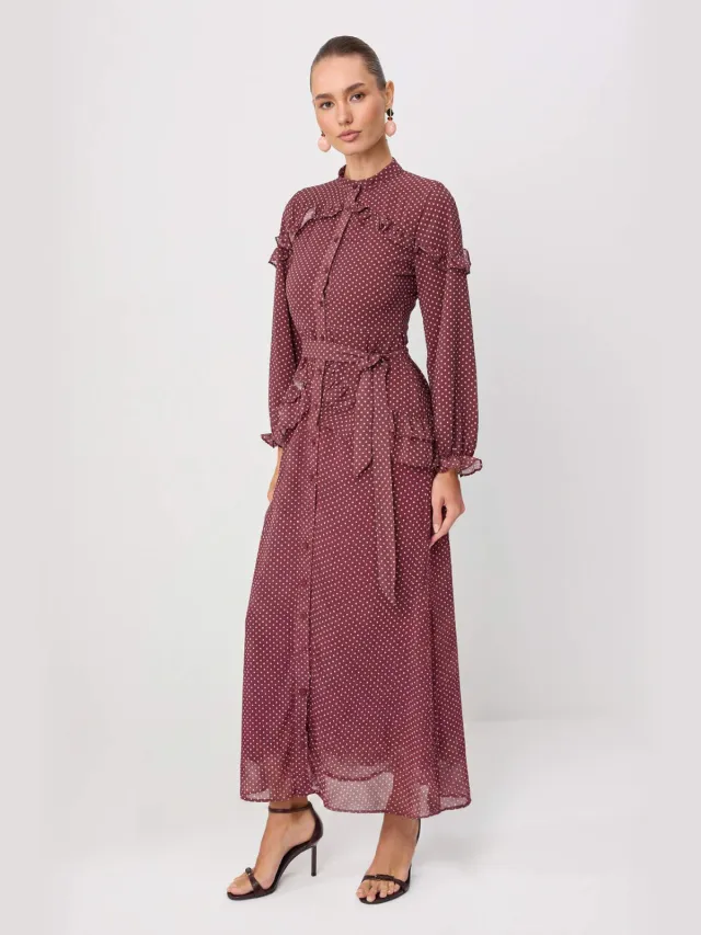 Trendyol Modest Dames Bordeaux Bloemen Maxi Lang Casual Skater Modest Jurken Bordeauxrood
