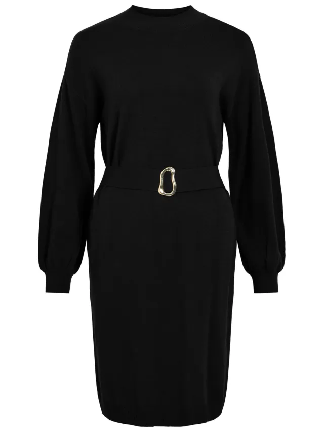 Vila Viricky L/S Short Belted Knit Dress/Ka gebreide mini jurk - zwart
