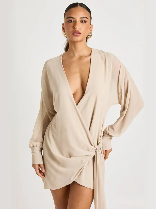 boohoo Dames Mini-jurk met lange mouwen en wikkelstijl Steen