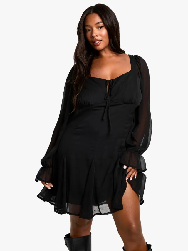 boohoo Dames PLUS CHIFFON TIE FRONT SHIFT JURK Zwart