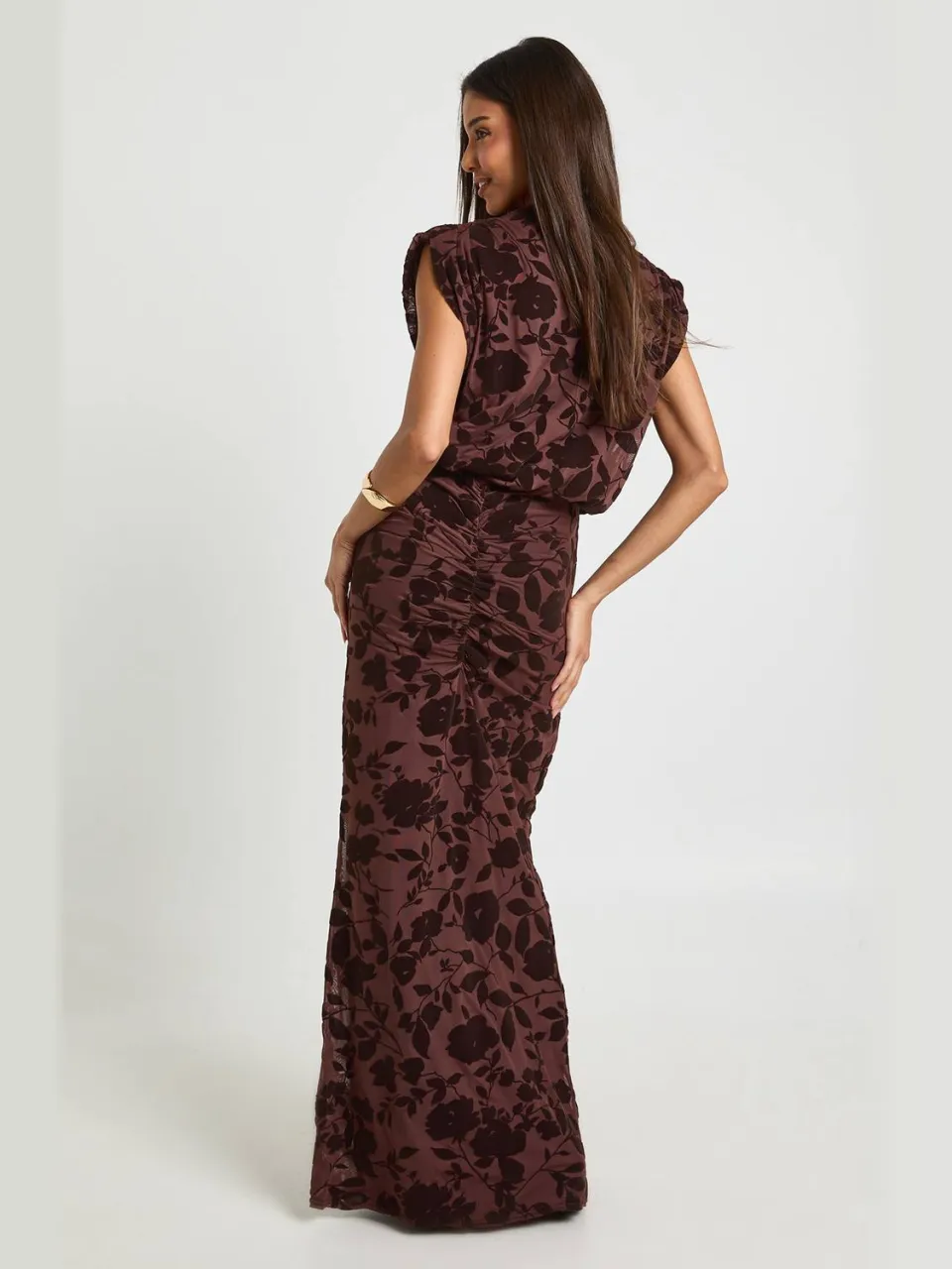 boohoo Dames Devore Blouse Maxi Jurk chocoladebruin, foto 2