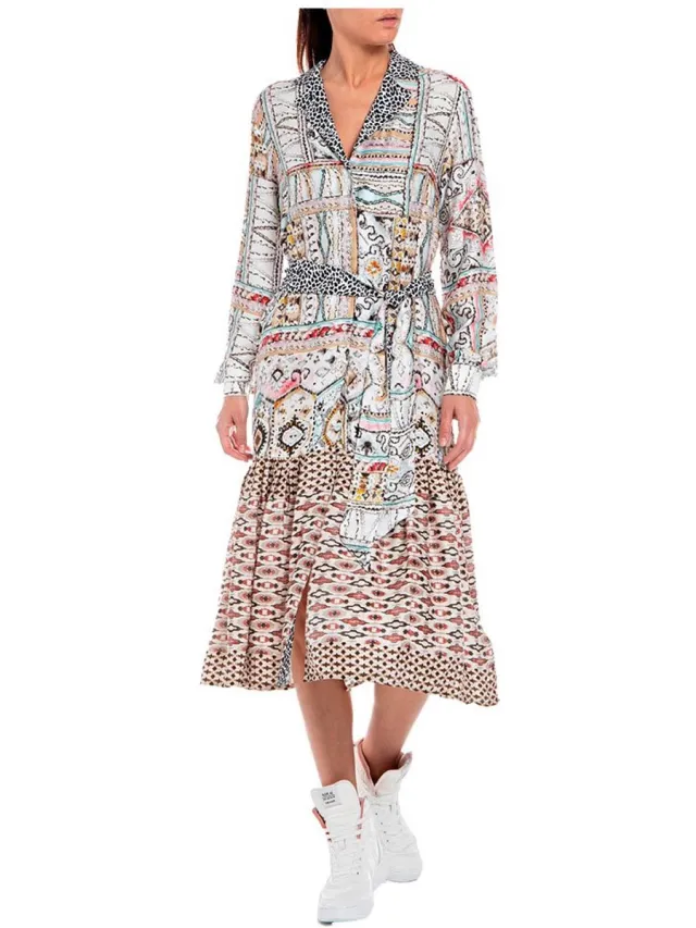 Replay W9759 .000.10324 Midi-jurk Met Lange Mouwen Grijs XS Vrouw Multicolor