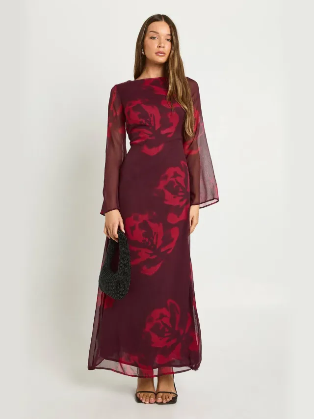 boohoo Dames Bloemen slipjurk met lange mouwen bordeaux rood, foto 2