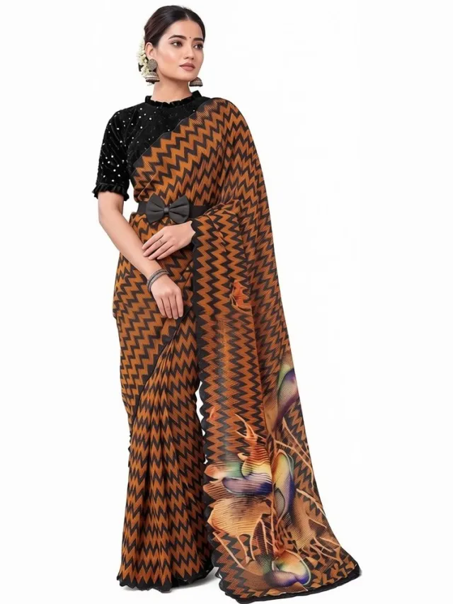 Simhera Threads Women's Printed Saree - Zigzag Pattern with Floral Pallu - Lightweight Fashion Saree - Brown & Black Brown, Black, Multicolor Floral Accents