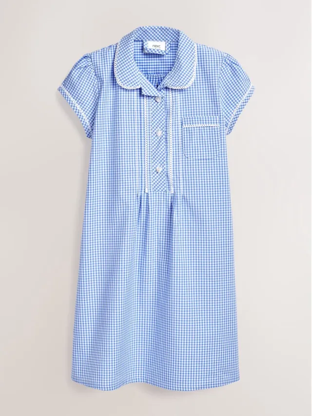 Next Meisjes - Geruite schooljurk met kant, knopen aan de voorkant en hoog aandeel katoen - Blauw Blue