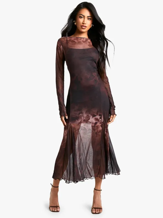 boohoo Dames Florale Godet-zoom Maxi Jurk Bruin