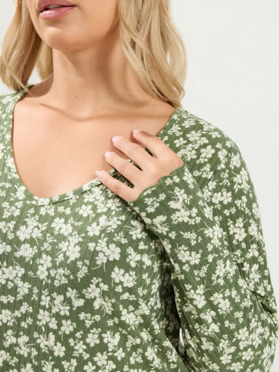 Yours Kakigroene Geribbelde Top Met Bloemenprint, foto 4