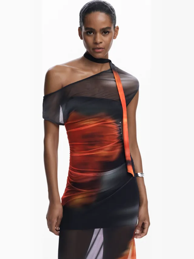 Desigual mesh off shoulder jurk zwart, foto 2