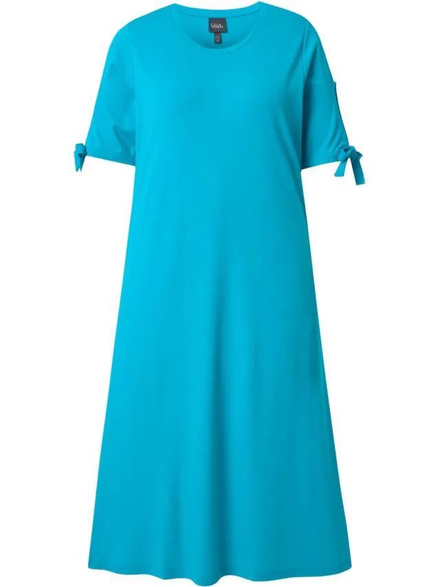 Ulla Popken Dames - Midi-jurk mouwen met split A-lijn ronde hals korte mouwen - Aqua turquoise - Maat 58+