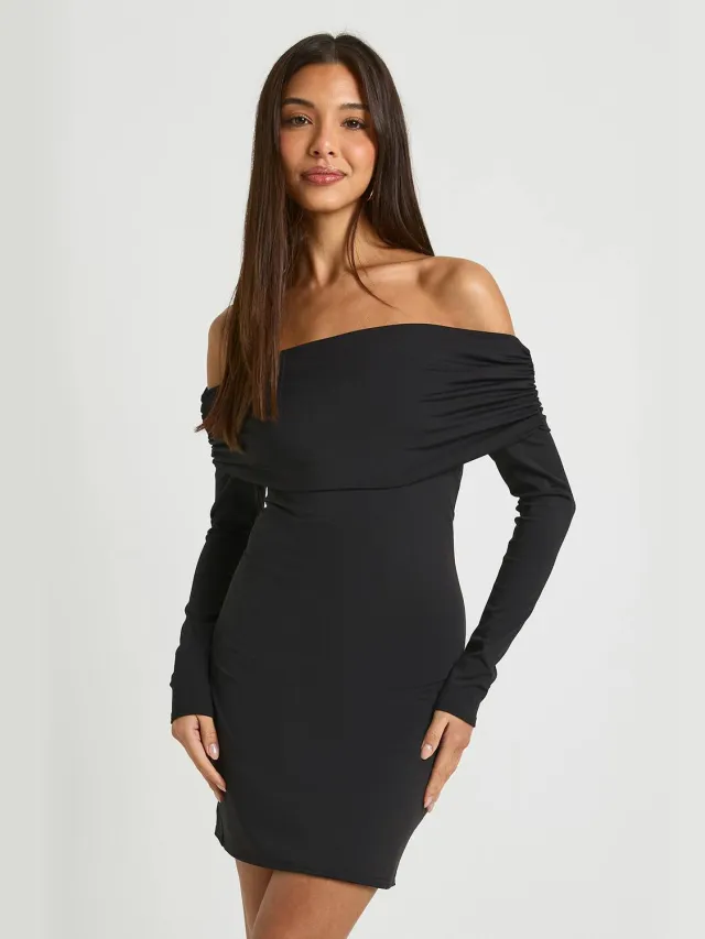 boohoo Dames Lange mouwen Bardot Sculpt Mini-jurk Zwart
