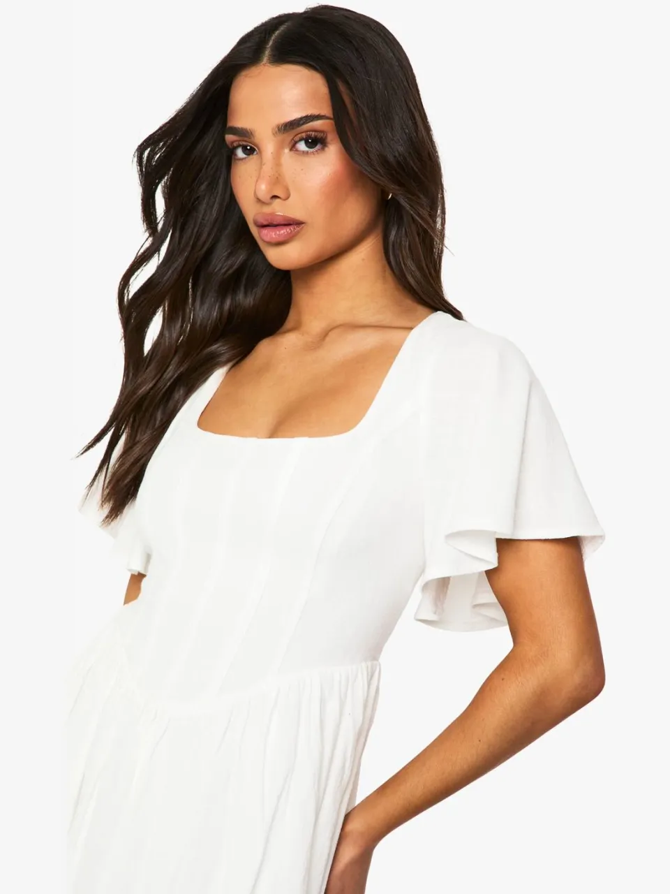 boohoo Dames Petite Linen Mix Corset Engelachtige Mouw Skaterjurk ivoor, foto 4