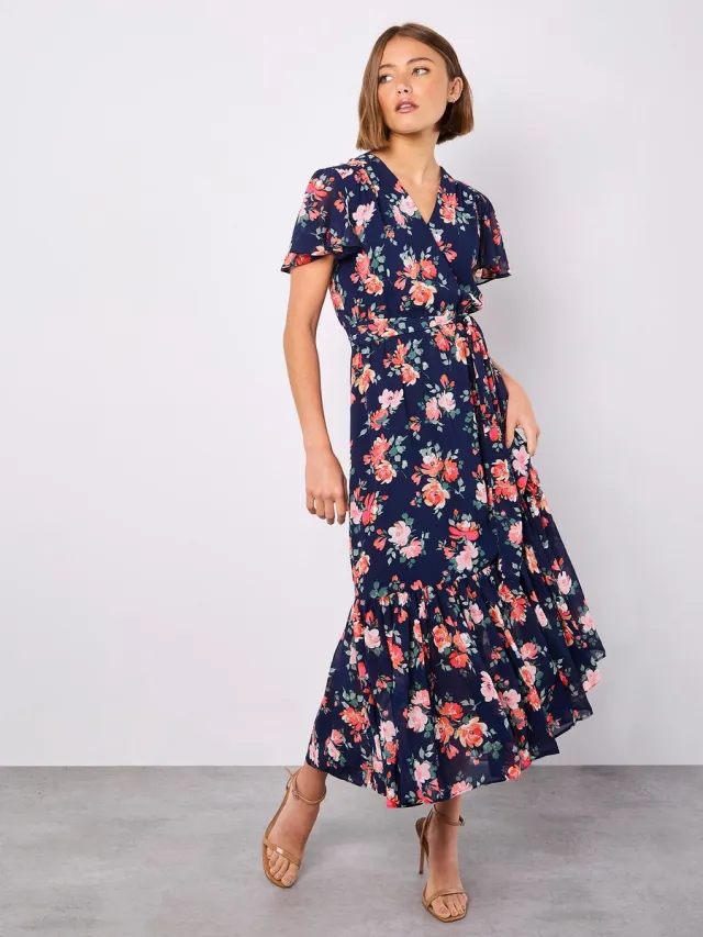Apricot Painterly Roses Wrap Maxi Dress Marine