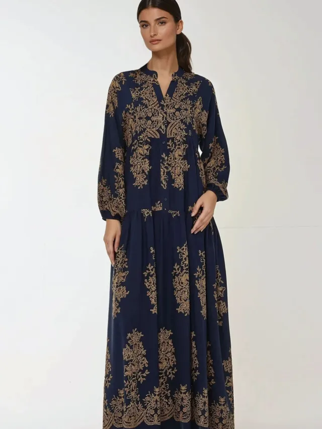 Hiccup Geprinte Lange Mouwen Viscose Maxi Jurk Marineblauw