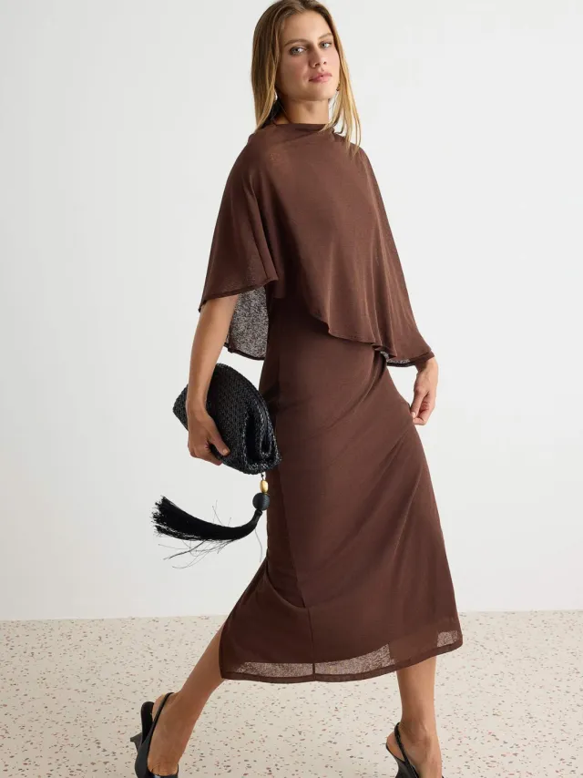 Trendyol TRENDYOLMİLLA Dames Bruin Effen Maxi Driekwart mouw Bodycon Jurken, foto 2