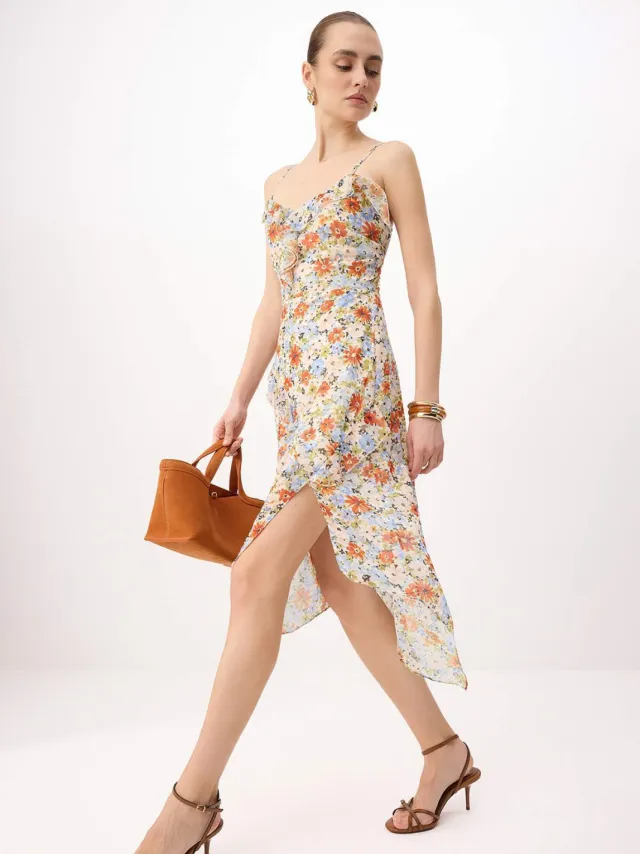 Trendyol TRENDYOLMİLLA Dames Meerkleurig Bloemen Midi Mouwloos Asymmetrisch Jurken Veelkleurig