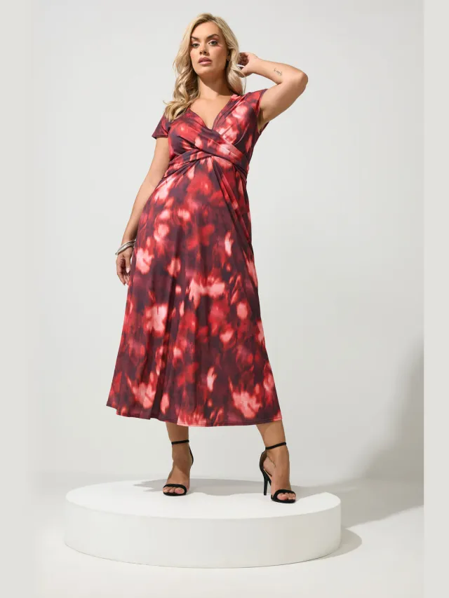 Yours London Rode Jurk Met Abstracte Print En Gedraaide Voorkant Red