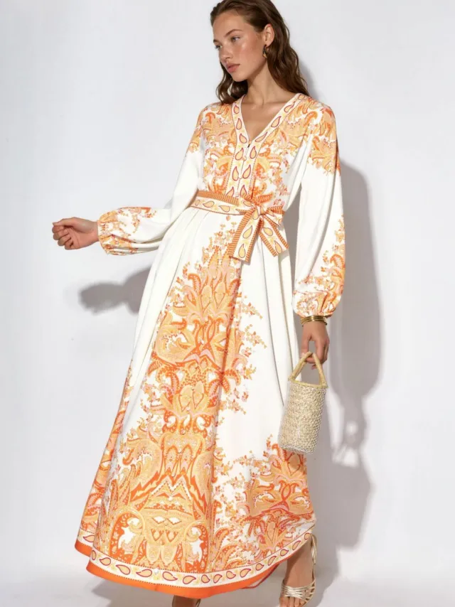 MSN Collection Paisley A-lijn Maxi-Jurk met Strikriem Oranje