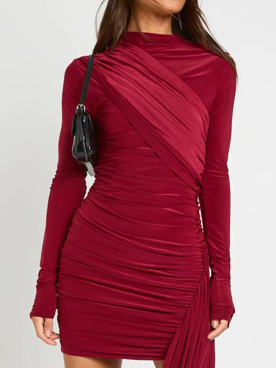 boohoo Dames Lange Geplooide Mini-jurk Met Lange Mouwen En Gedrapeerd Detail bessen, foto 2