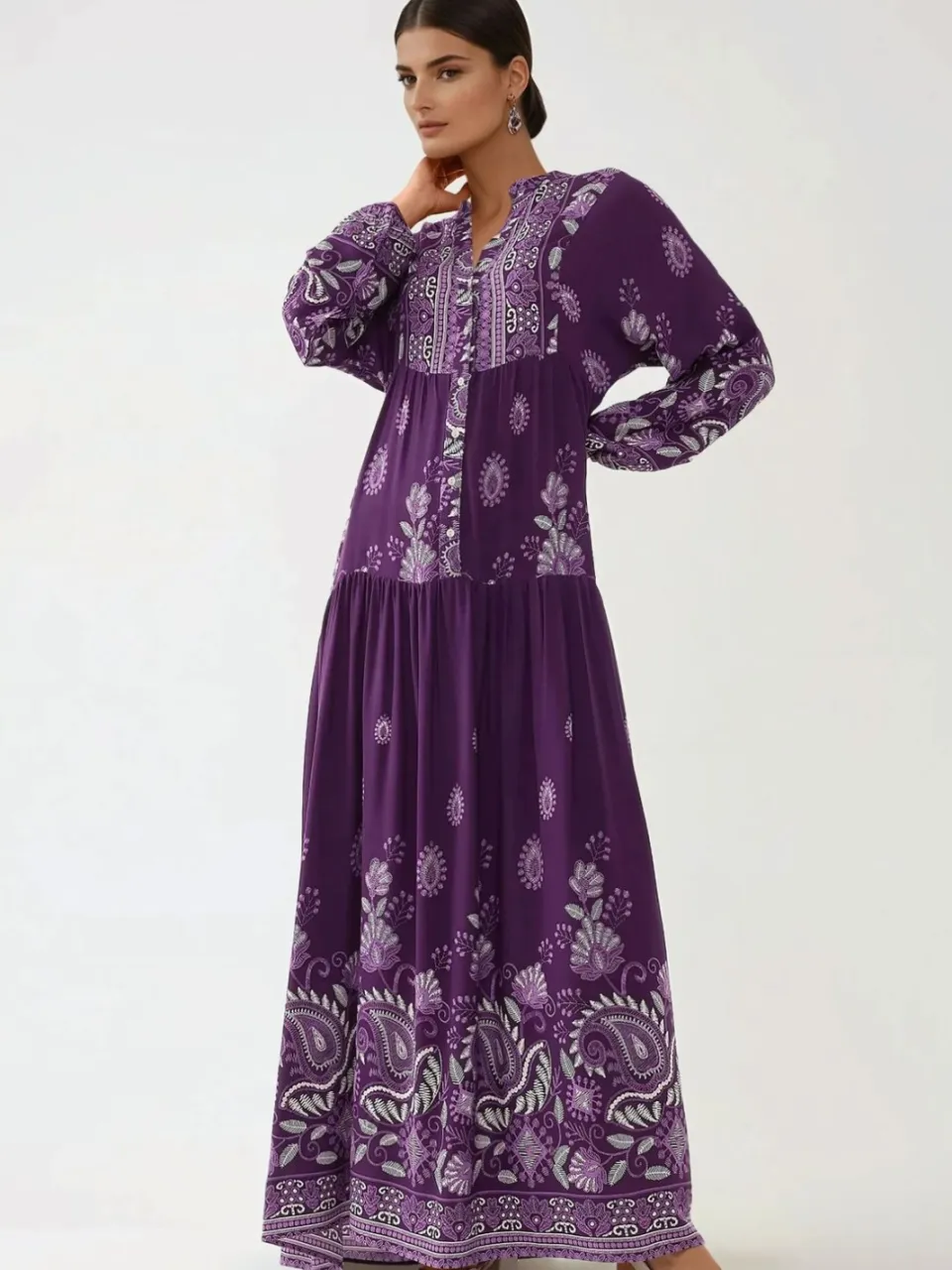 Hiccup Gedrukte Lange Mouwen Viscose Maxi Jurk paars, foto 2