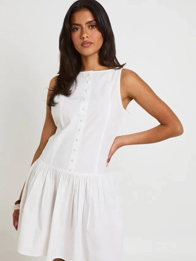 boohoo Dames Katoenen Popeline Mini-jurk Met Knoopsluiting En Boothals Wit