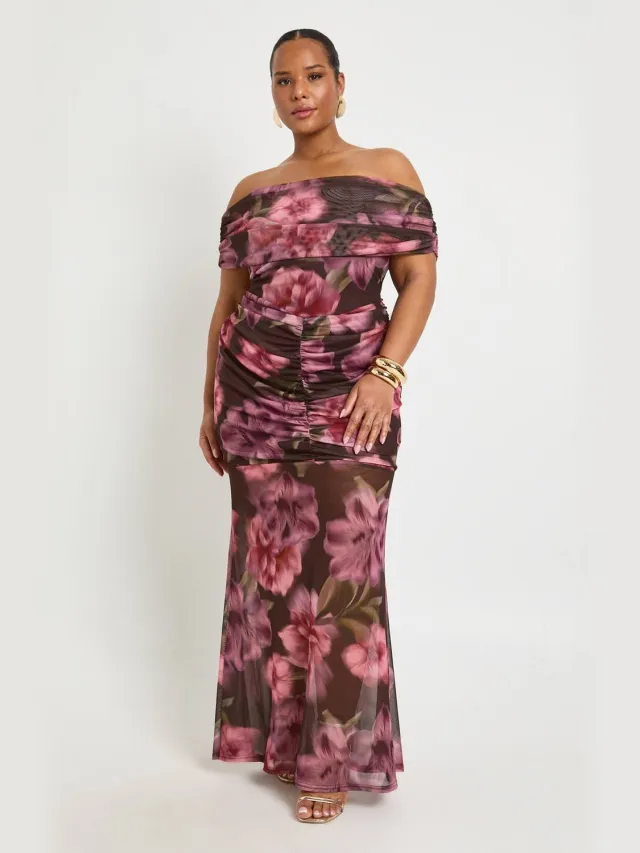 boohoo Dames Plus Bardot Gerimpeld Lijfje Midaxi Jurk Multicolor