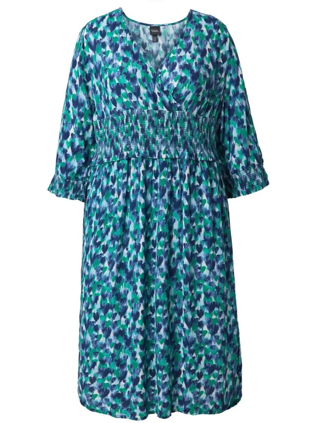 Ulla Popken Dames - Midi-jurk harten wikkellook V-hals 3/4-mouwen - Hemelsblauw - Maat 58+