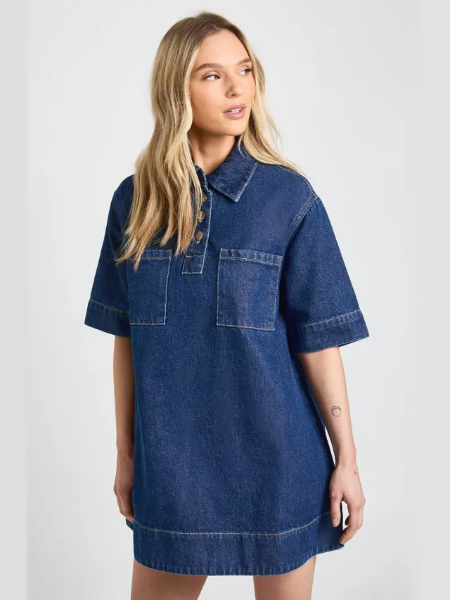 boohoo Dames Petite Korte Mouw Denim Jurk Indigo