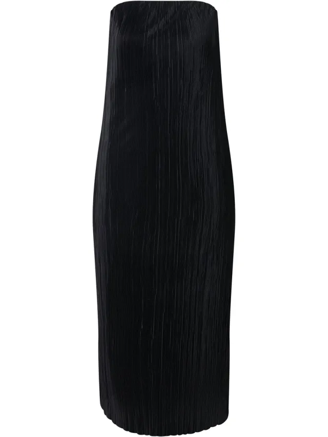 Ulla Popken Dames - Geplooide maxi-jurk elastische hals strapless - Zwart - Maat 54+