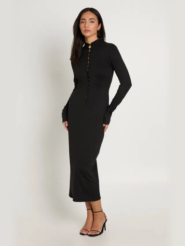 boohoo Dames Hoogsluitende Midaxi-jurk Met Knoopsluiting En Lange Mouwen Zwart