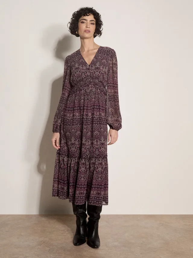 Apricot Midi-jurk van chiffon met ruches en bloemenprint paars