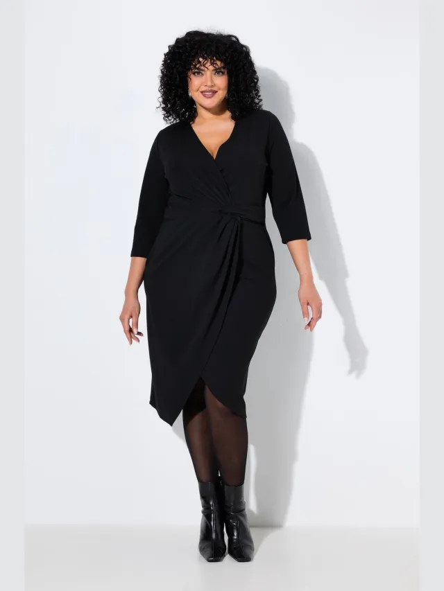 Ulla Popken Dames - Midi-jurk wikkellook V-hals 3/4-mouwen - Zwart