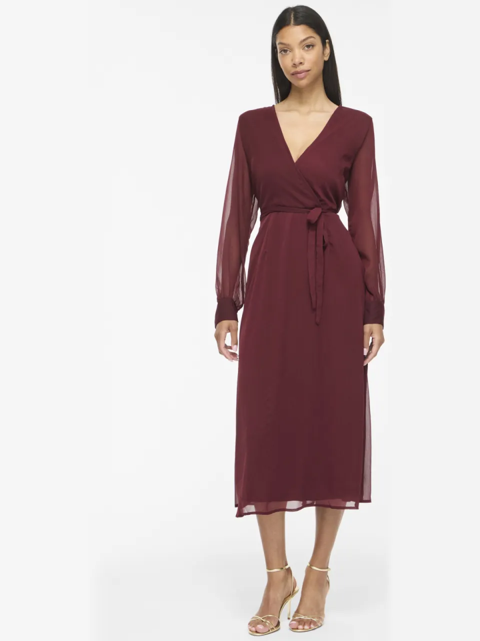 Vila semi-transparante midi jurk met ceintuur - donkerrood