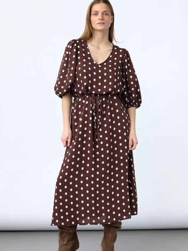 SisterS Point viscose midi jurk met stippen - bruin Bruin/wit
