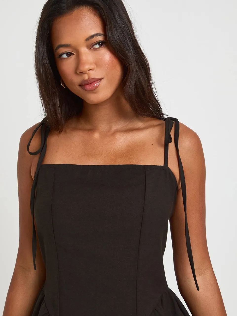 boohoo Dames Linnen Skater Jurk Met Strikbandjes zwart, foto 4