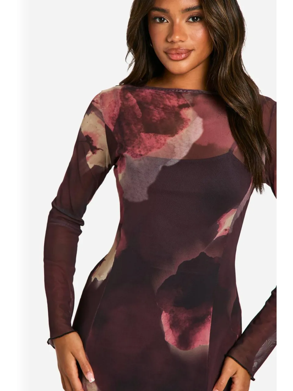 boohoo Dames Slash Neck Floral Mesh Print Godet Hem Midaxi-jurk pruim, foto 2
