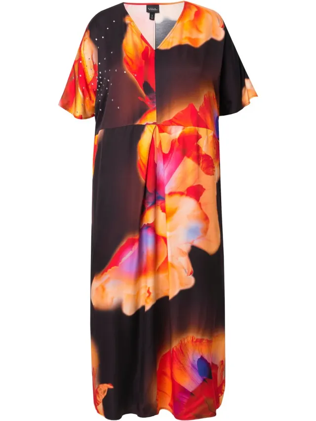 Ulla Popken Dames - Satijnen kaftan bloemen siersteentjes V-hals - Zwart - Maat 2+
