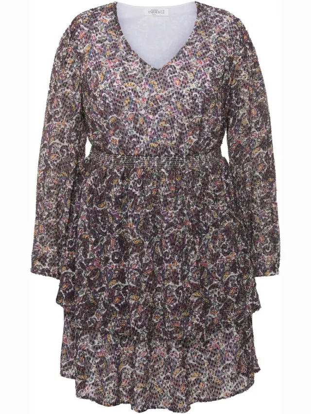 Studio Untold Dames - mini jurk A-lijn paisley print volantrok lange mouwen - Off-white - Maat 50+
