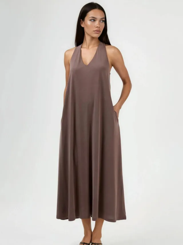 Busem Halterneck Modal Jurk Bruin