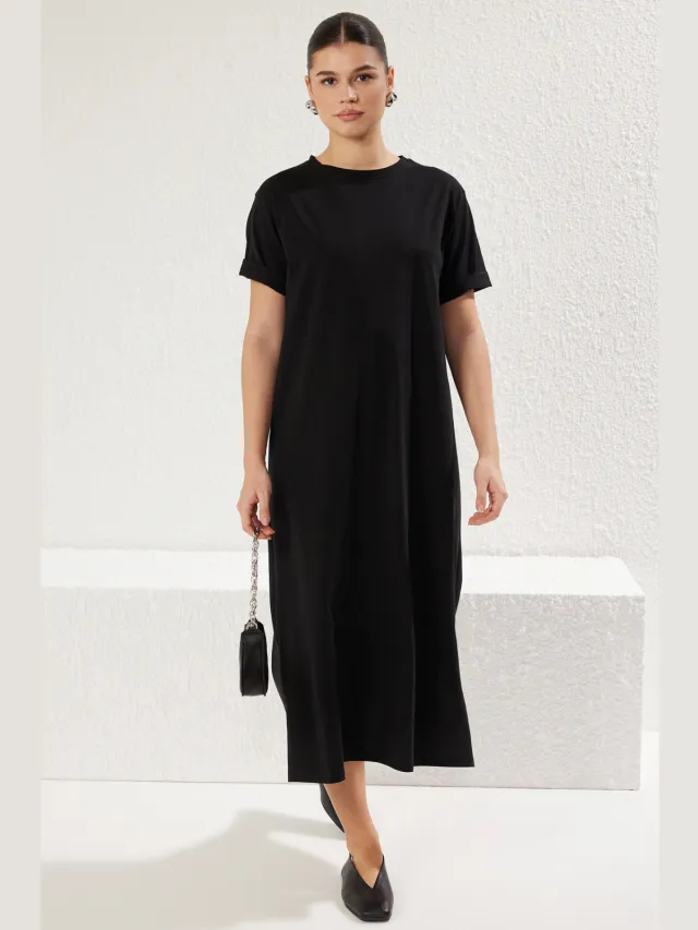 Trendyol TRENDYOLMİLLA Dames Zwart Effen Maxi Kort Casual T-shirt Jurk Jurken