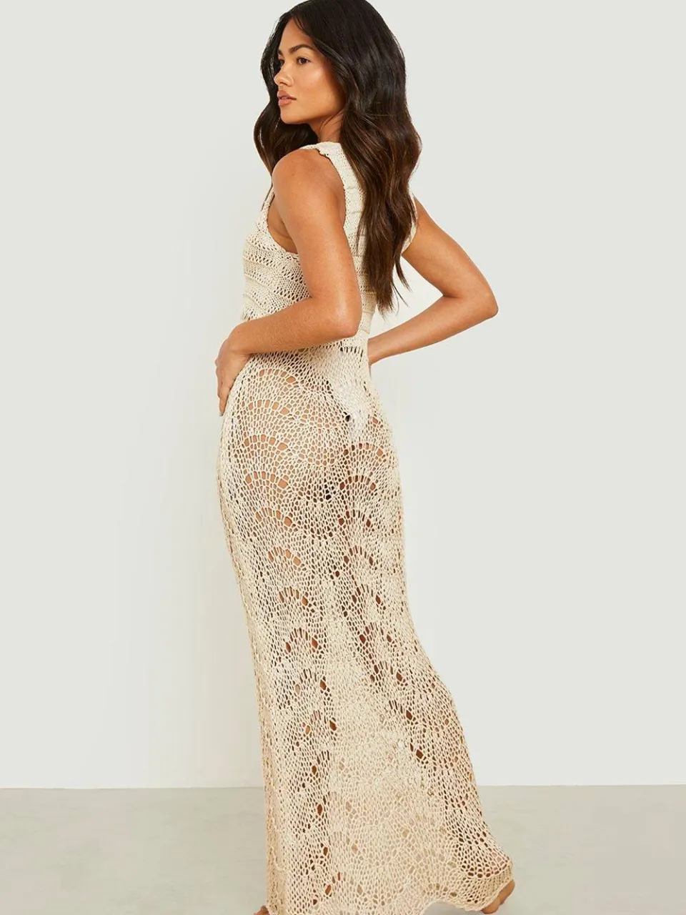 boohoo Dames Crochet Scallop Scoop Strandjurk crème, foto 2